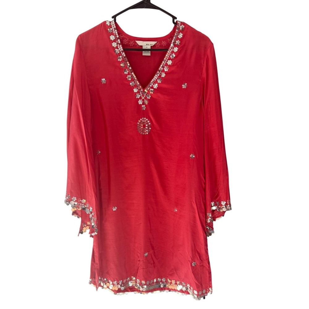 WD-NY‎ Silk Tunic Dress Vintage 14 Red Sequin Coin Embellished Whimsy NEW